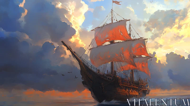 Sunset Ship Adventure with Red Sails AI Image