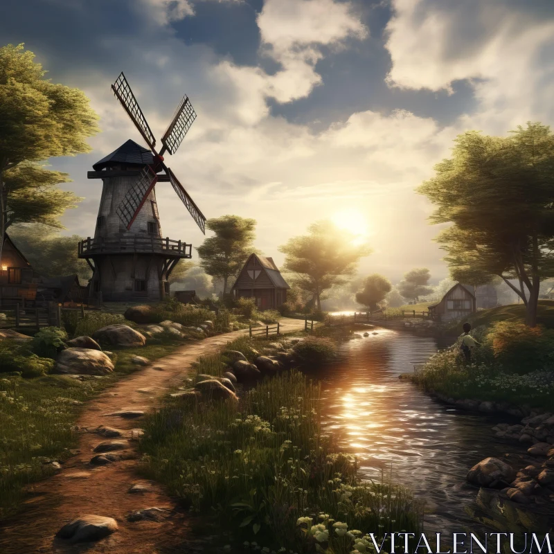 17th Century Village Scene with Windmill and Lake AI Image