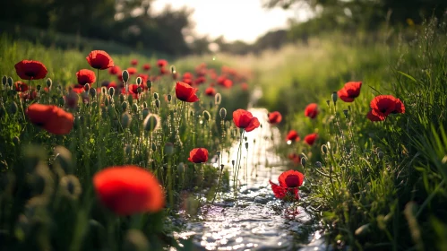 Red Poppies in Sunlit Meadow Stream