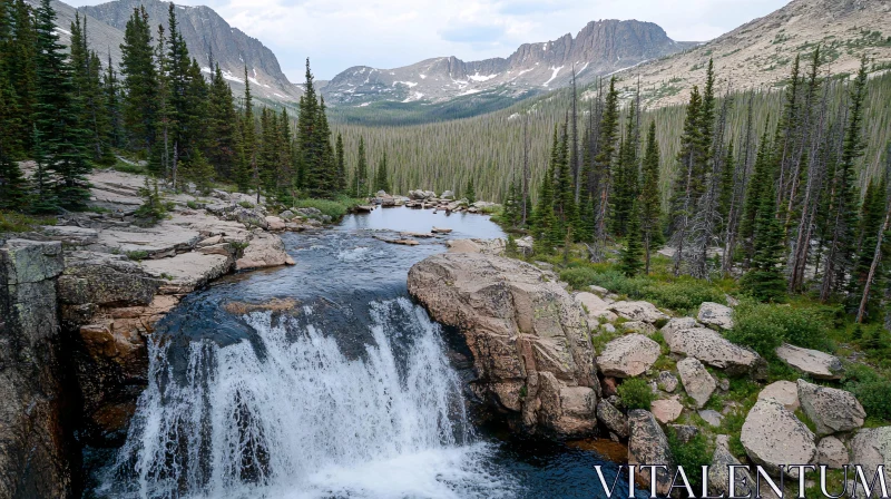 AI ART Mountain River Waterfall Amid Pine Trees