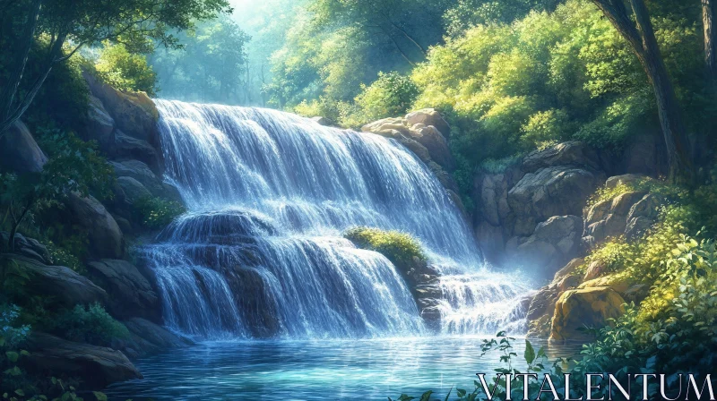 AI ART Tranquil Forest Waterfall