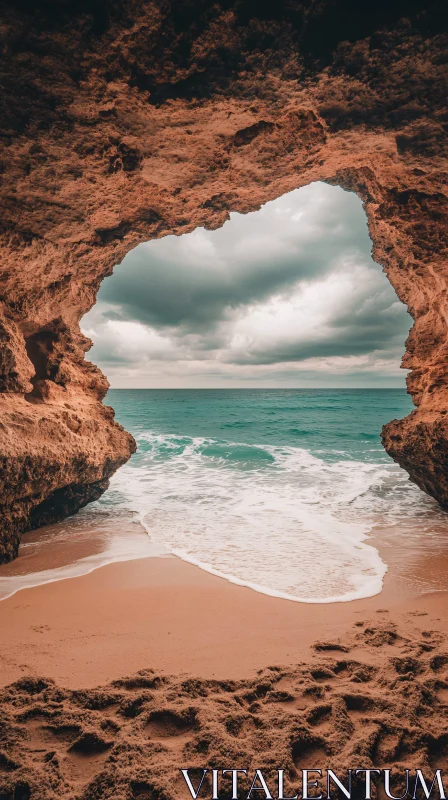 Tranquil Beach Scene through Cave AI Image