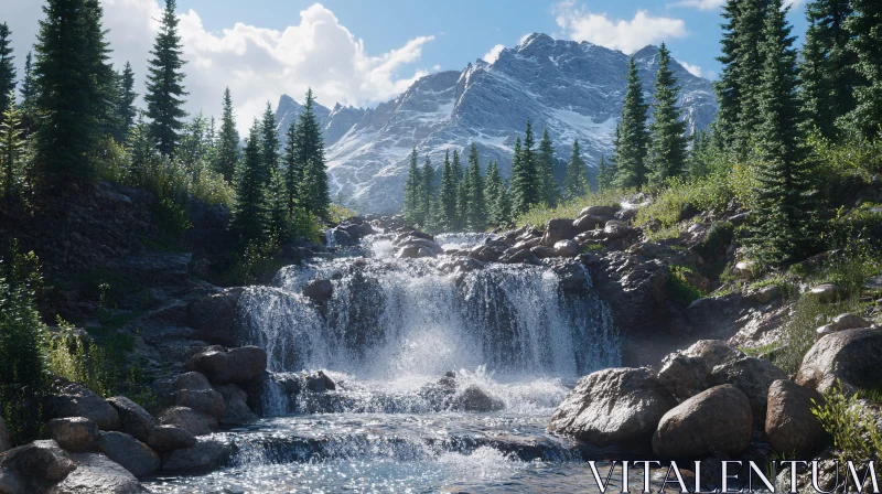 Tranquil Mountain Stream and Pine Forest AI Image