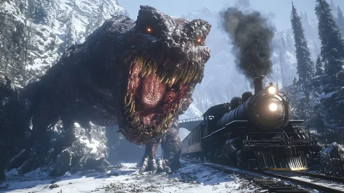 Steam Train Faces Colossal Dinosaur in Icy Mountain Pass