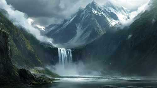 Waterfall in Misty Mountain Landscape