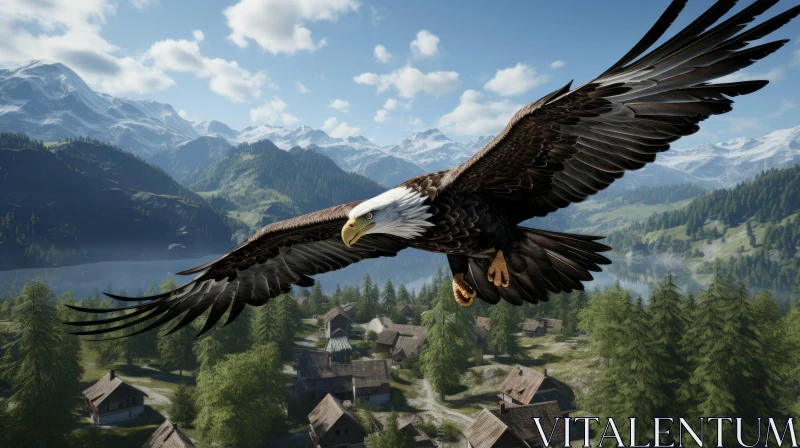 AI ART Eagle Over Mountainous Village - Unreal Engine Rendered Art