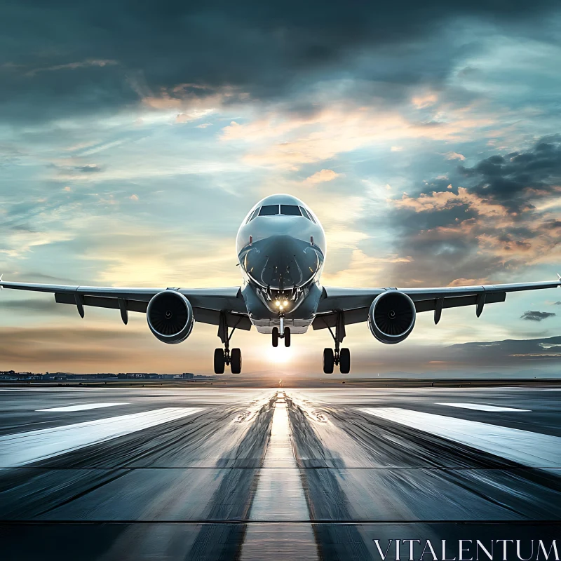 Aviation Beauty: Airplane Landing at Sunset AI Image