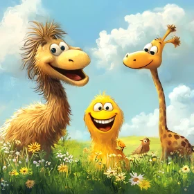 Cheerful Cartoon Birds and Giraffe in a Field