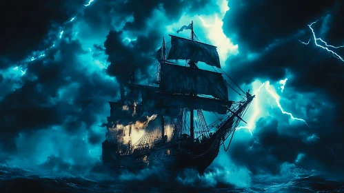 Sailing Ship Amidst Lightning and Storm