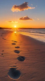 Golden Beach Sunset with Footprints Leading to Sea