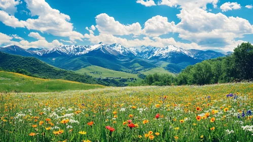 Colorful Wildflower Meadow and Snowy Mountains