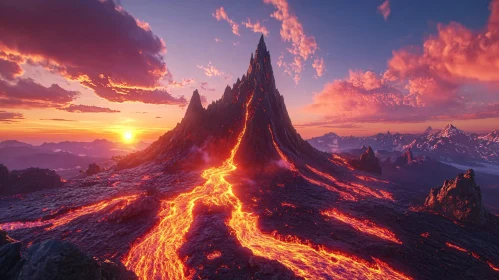 Molten Lava Flowing Down a Volcano