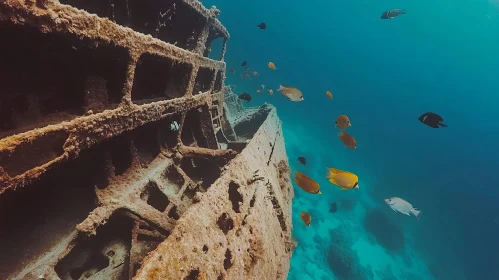 Colorful Marine Life and Coral-Encrusted Shipwreck Underwater