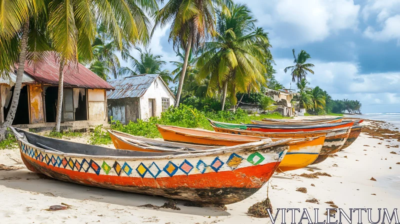 Tropical Beach with Vibrant Boats and Palm Trees AI Image