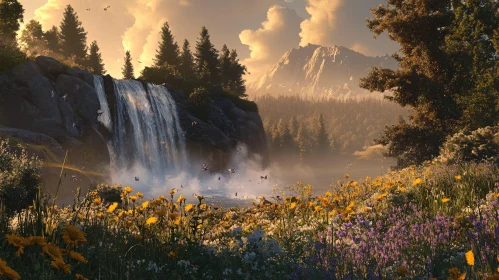 Waterfall and Wildflowers in Mountainous Landscape