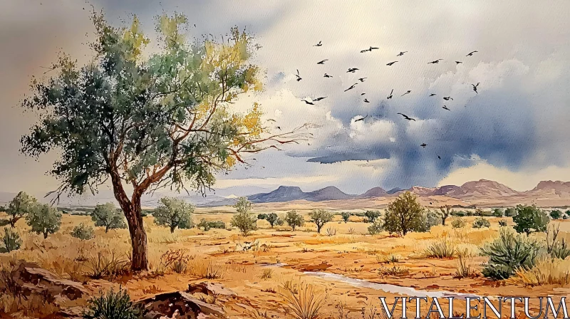 AI ART Calm Desert Scene with Mountains and Birds