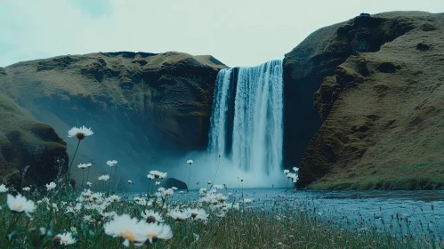 Serene Waterfall and Wildflower Scene