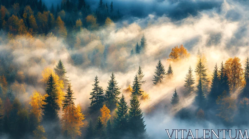 Misty Morning in a Sunlit Autumn Forest AI Image