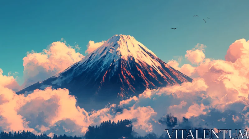 AI ART Snow-Capped Mountain Under Clear Sky with Birds