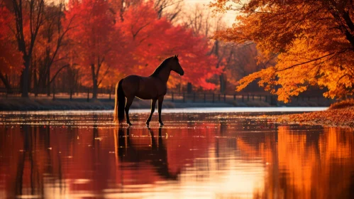 Wild Horse in Autumn River at Sunrise