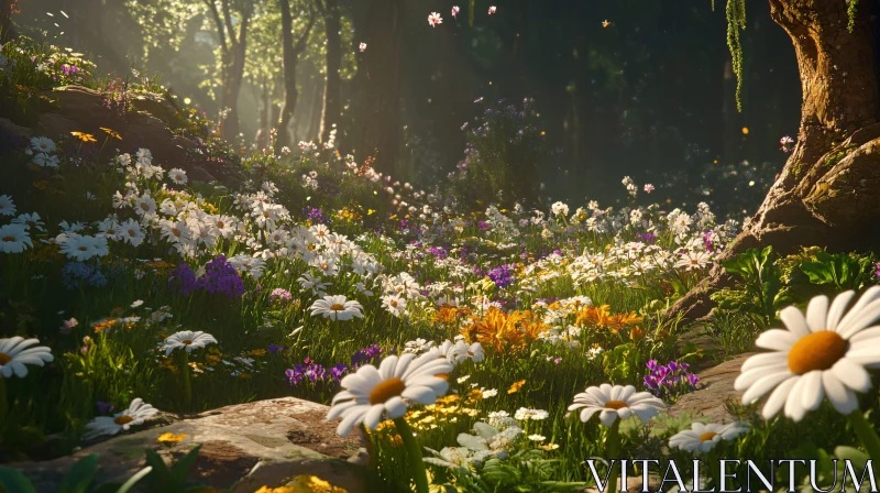 AI ART Sunlit Forest Meadow with Blooming Wildflowers