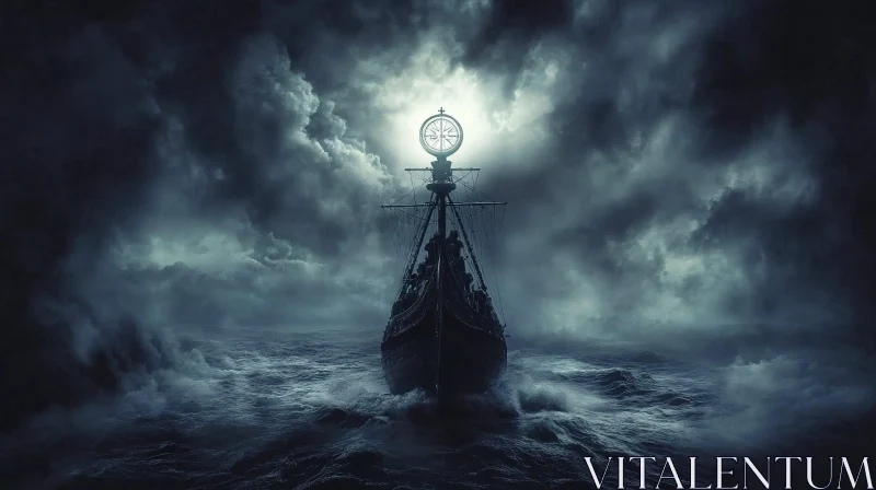 Ship Sailing Through Stormy Night Waters AI Image