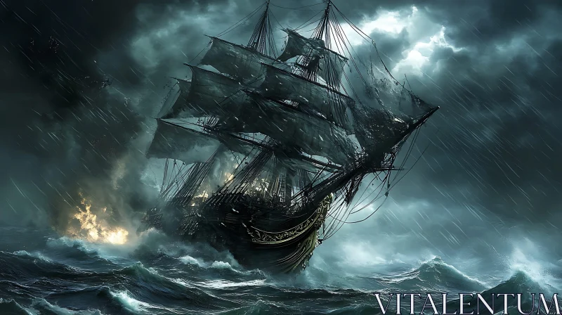 Haunted Vessel in the Midst of a Furious Sea Tempest AI Image