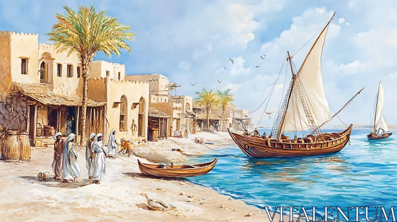 Historical Harbor with Boats and Palm Trees AI Image