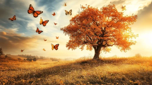 Golden Hour in Autumn Meadow with Butterflies