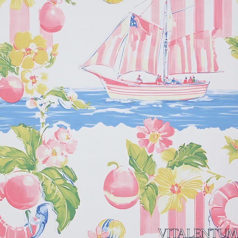 Sailing Boat and Retro Floral Pattern Art AI Image