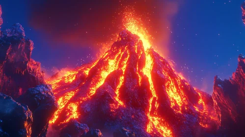 Powerful Volcano Erupting at Night