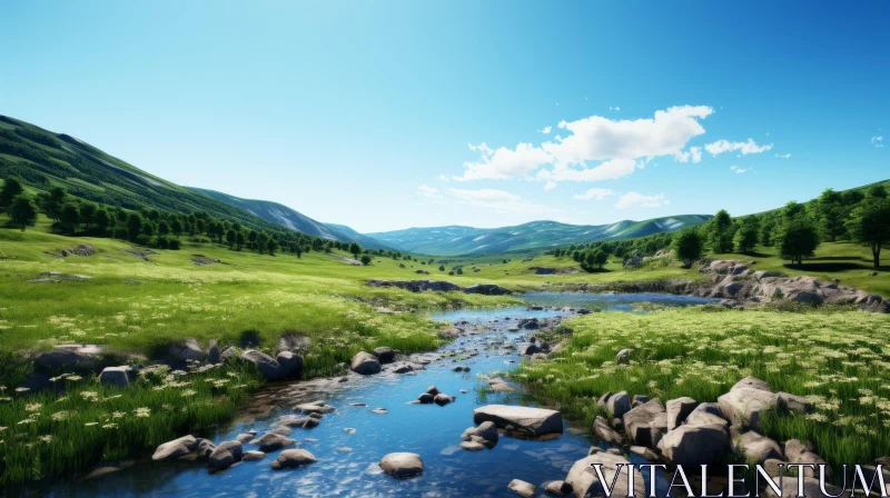 3D Rendered River Landscape - A Nod to Norwegian Nature AI Image