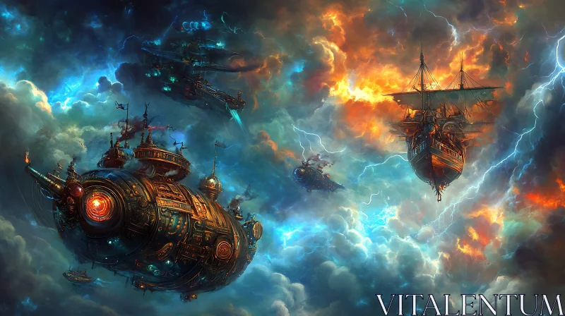 Mechanical Airships in a Lightning-Filled Sky AI Image