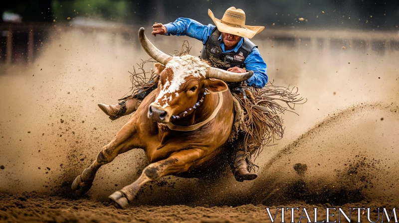 Cowboy in Dynamic Bull Riding Rodeo Scene AI Image