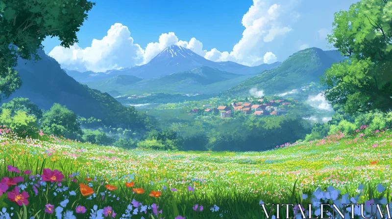 Idyllic Village and Flower Meadow Overlooked by Mountains AI Image