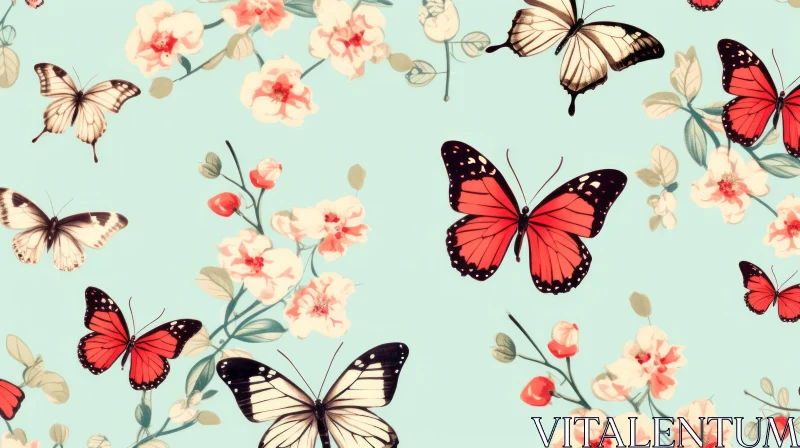 Charming Red Butterfly and Floral Pattern AI Image