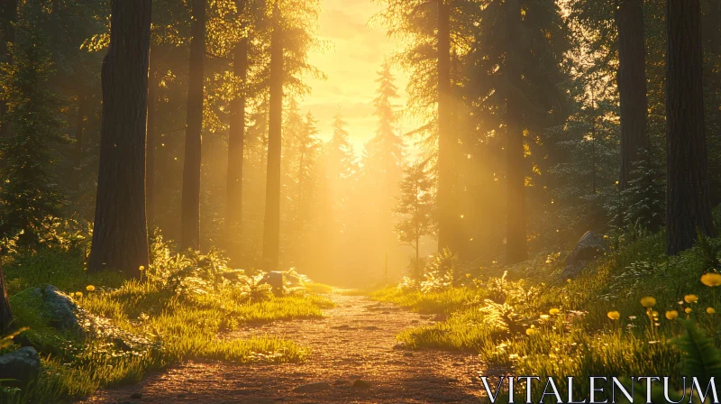 Tranquil Forest Scene with Morning Light AI Image