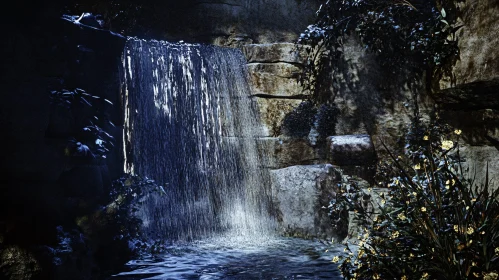 Tranquil Waterfall in Moonlit Landscape