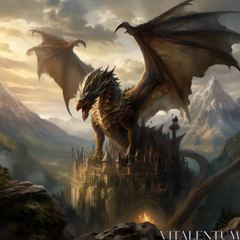 AI ART Majestic Dragon atop Hillside Castle with Mountainous Backdrop