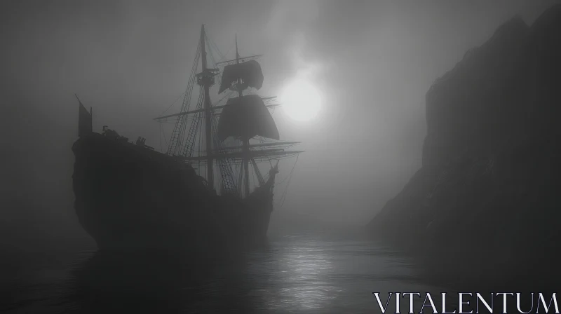 Mysterious Silhouette of Ship in Fog AI Image