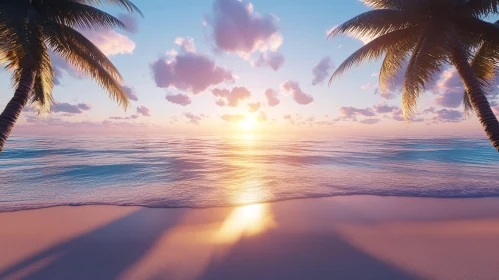 Tranquil Tropical Sunset Beach Scene with Palms