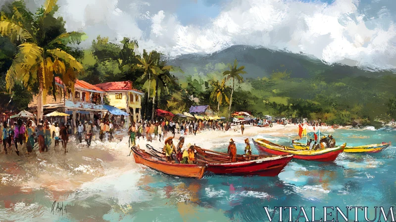 Vibrant Beach Life with Colorful Boats and Tropical Scenery AI Image