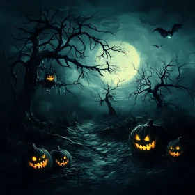 Spooky Moonlit Night with Jack-o'-Lanterns and Bats