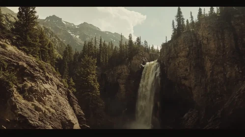 Breathtaking Waterfall in Pine-Forest Mountains