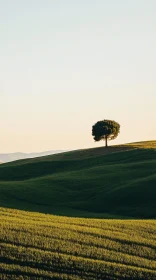 Isolated Tree on Green Hills Under Tranquil Sky