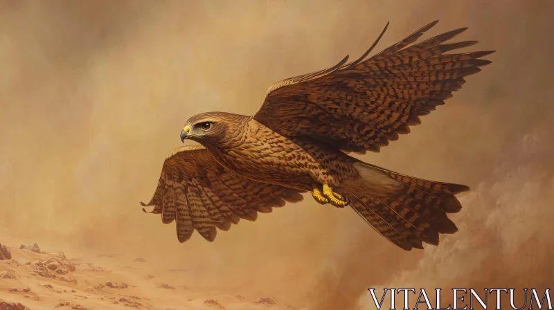 Illustration of Hawk in Flight Over Desert AI Image