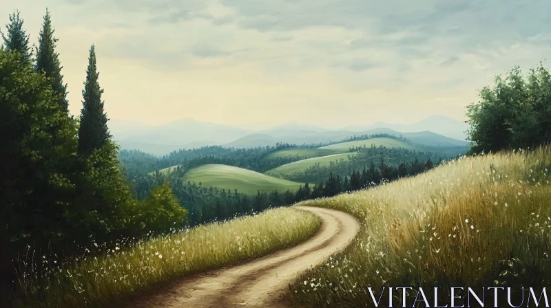 AI ART Tranquil Nature Scene with Pathway and Hills