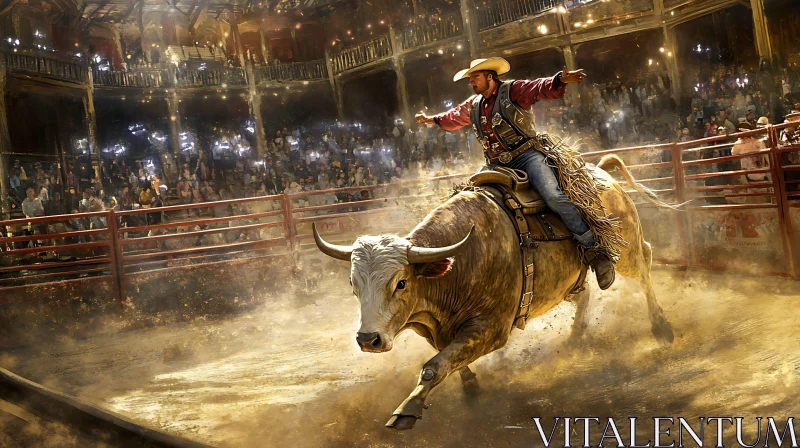 Thrilling Bull Riding in a Crowded Arena AI Image