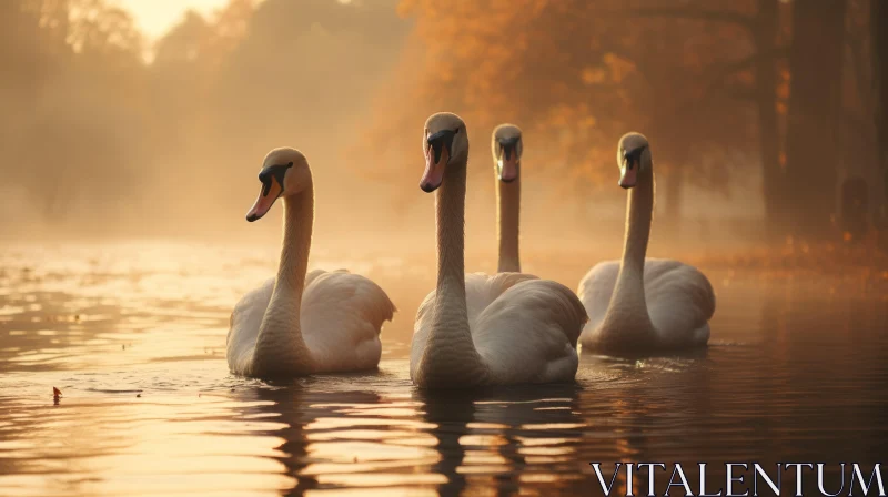 Graceful Swans at Dawn: A Study in Light and Shadows AI Image