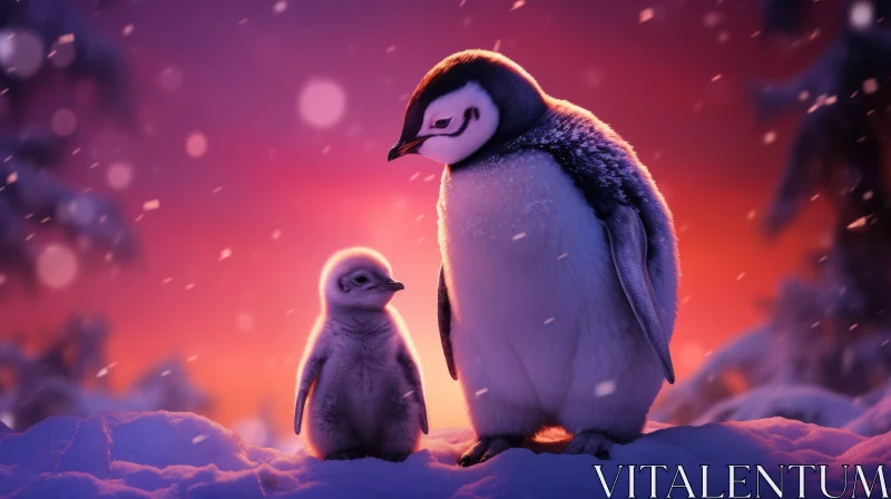 Penguin Mother and Child in Snowy Field at Sunset - Cinema4D Render AI Image